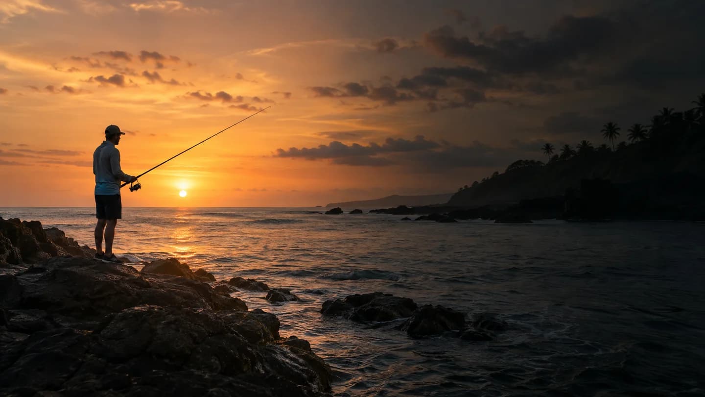 An angler fishing from a rocky shore at sunset