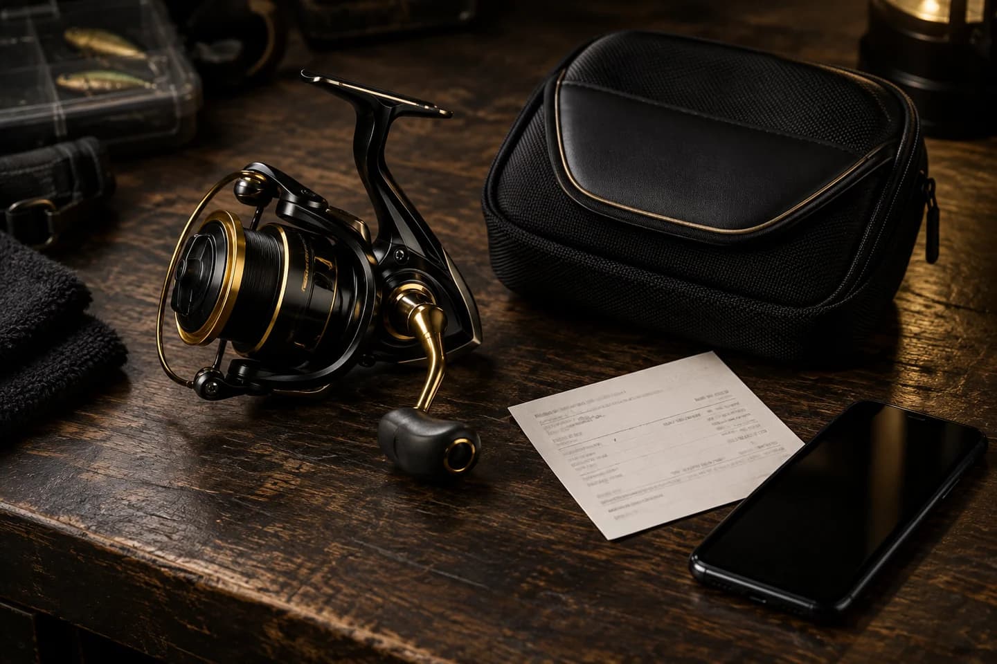 Fishing reel, purchase record and protective case prepared for a service request