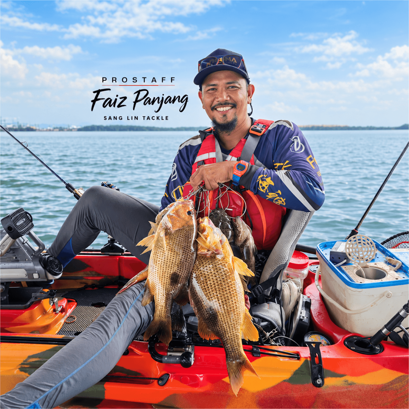 Sang Lin Tackle pro-staff Faiz Panjang with his catch on a fishing kayak