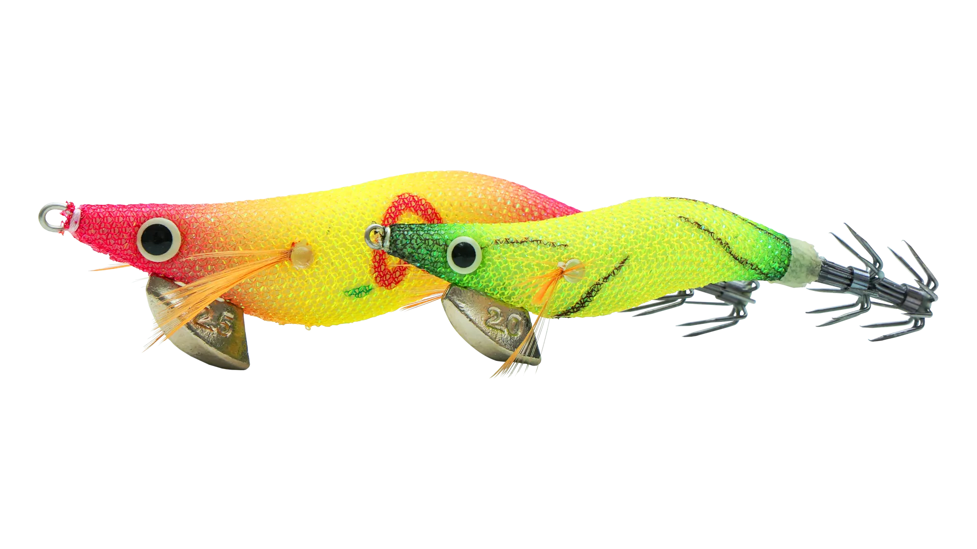 Brightly coloured Santec Blackred squid jigs
